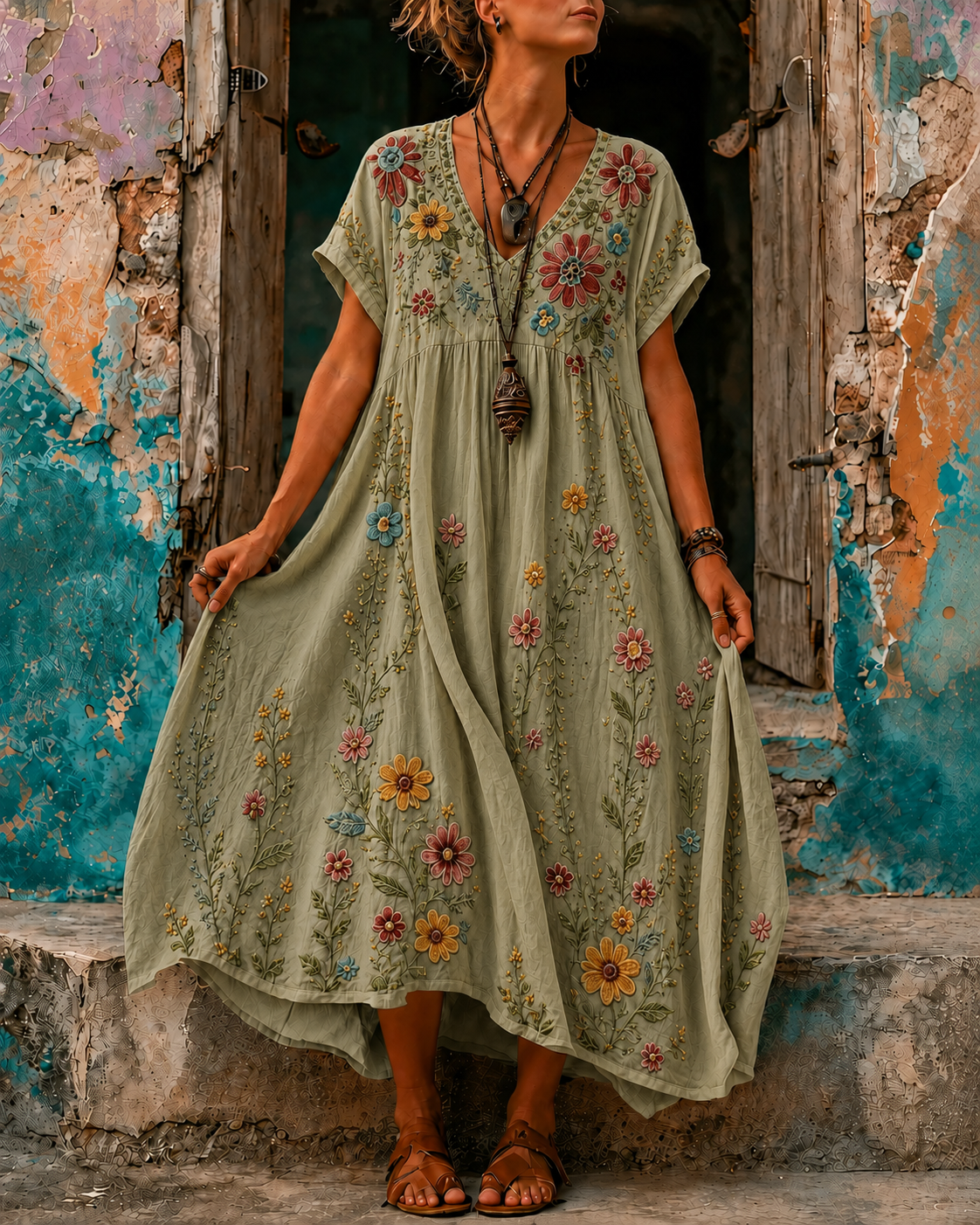 Women's Vacation Linen Boho Floral Embroidery V-Neck Short Sleeve Maxi Dress