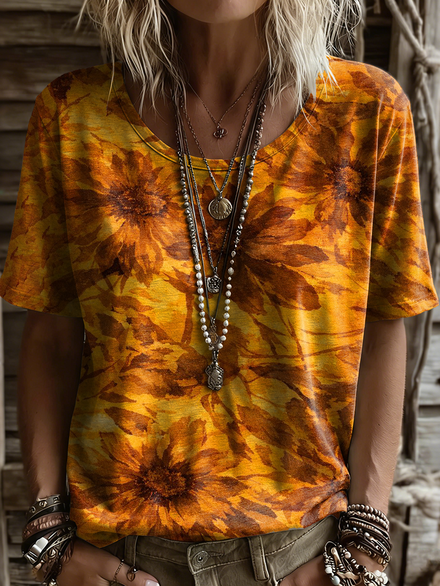 Women's Retro Floral Art Print Casual Short-sleeve Round Neck Cotton T-shirt