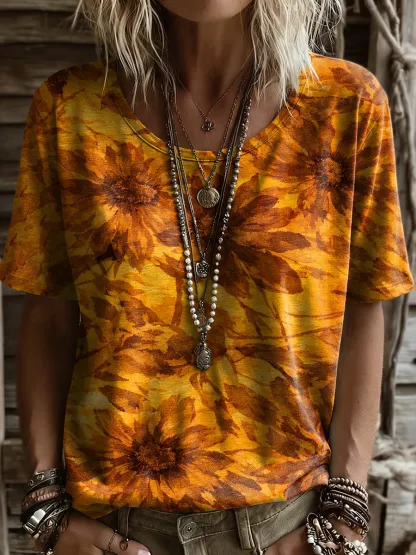 Women's Retro Floral Art Print Casual Short-sleeve Round Neck Cotton T-shirt