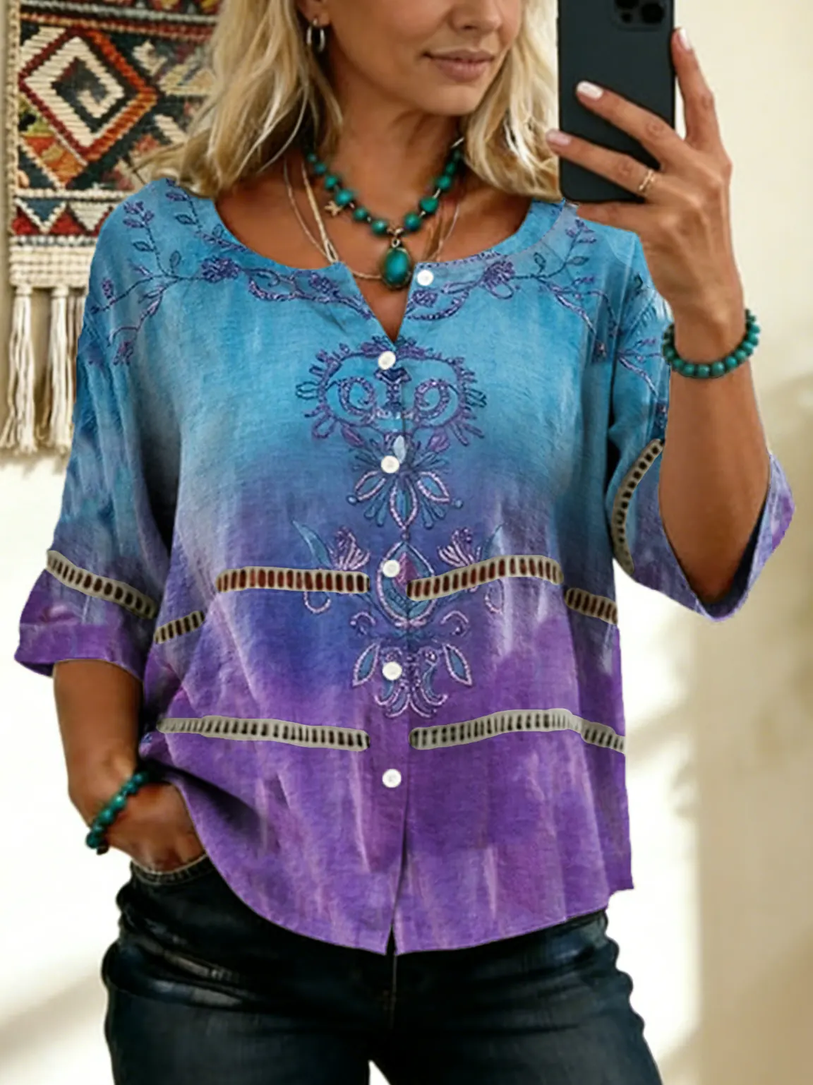 Women's Vintage Floral Art Print Tie-front Button-up Cotton-linen Blend Short-sleeve Shirt