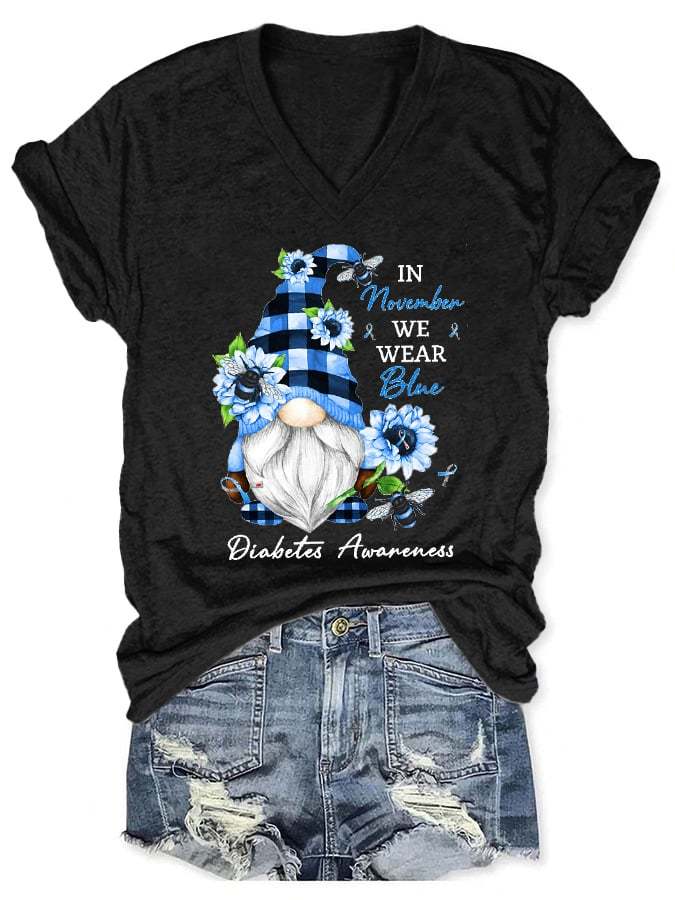 V-neck Diabetes Awarenes In November We Wear Blue Gnome Sunflower Print T-Shirt