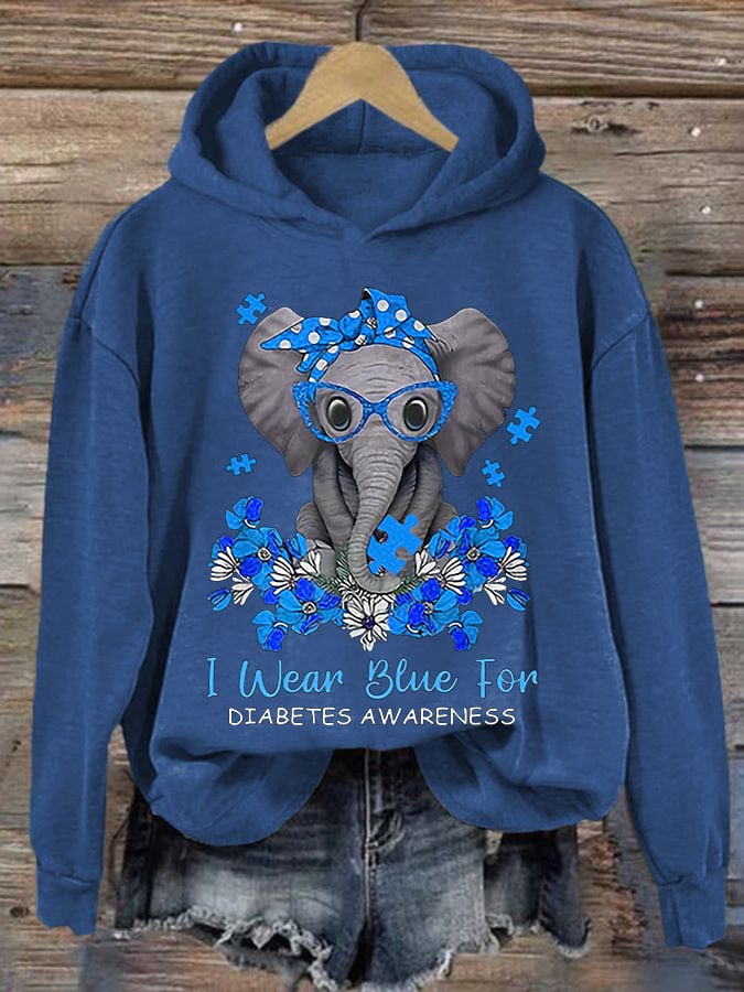 Women'S Retro I Wear Blue For Diabetes Awareness Printed Hoodie