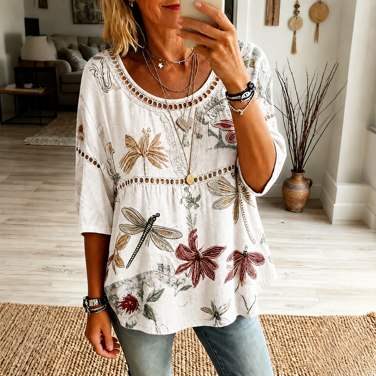 Women's Vintage Floral Embroidered Art Crew Neck Linen Blouse