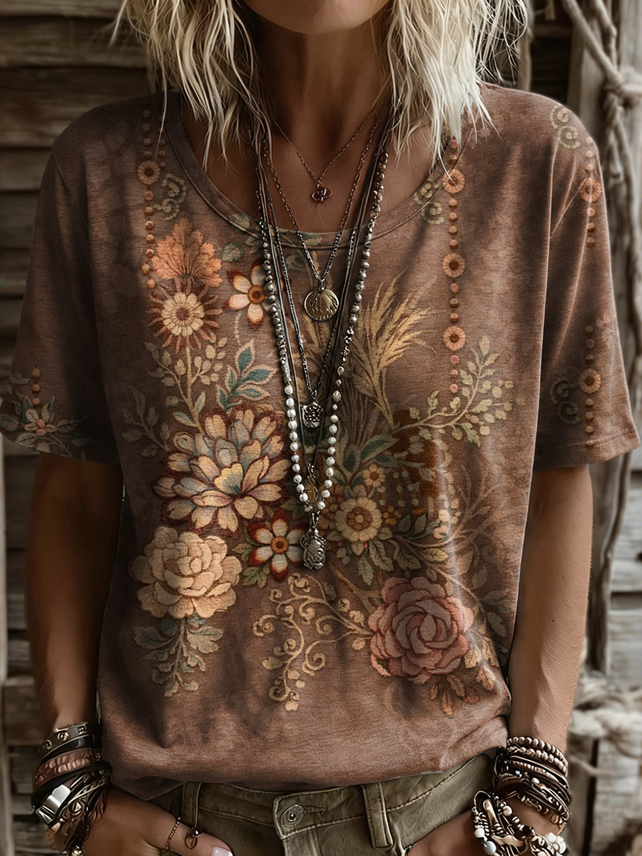 Women's Retro Floral Art Print Casual Short-sleeve Round Neck Cotton T-shirt
