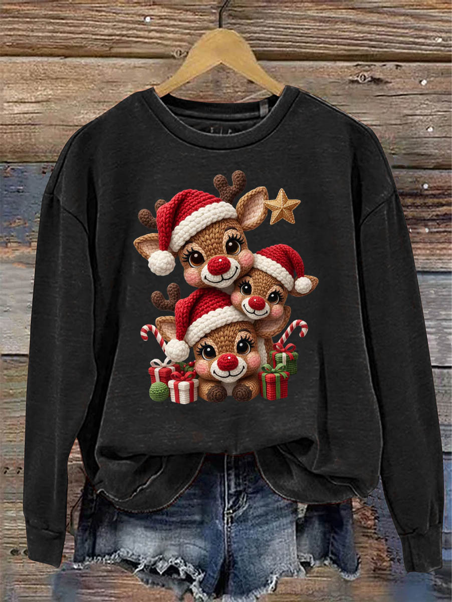 Women's Christmas Elks 3D Knitting Crochet Pattern Neck Sweatshirt
