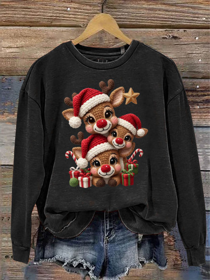 Women's Christmas Elks 3D Knitting Crochet Pattern Neck Sweatshirt