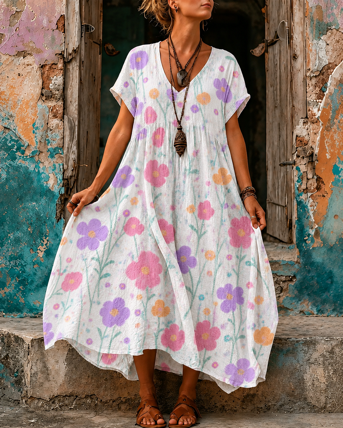 Women's Vacation Linen Boho Floral Print V-Neck Short Sleeve Maxi Dress
