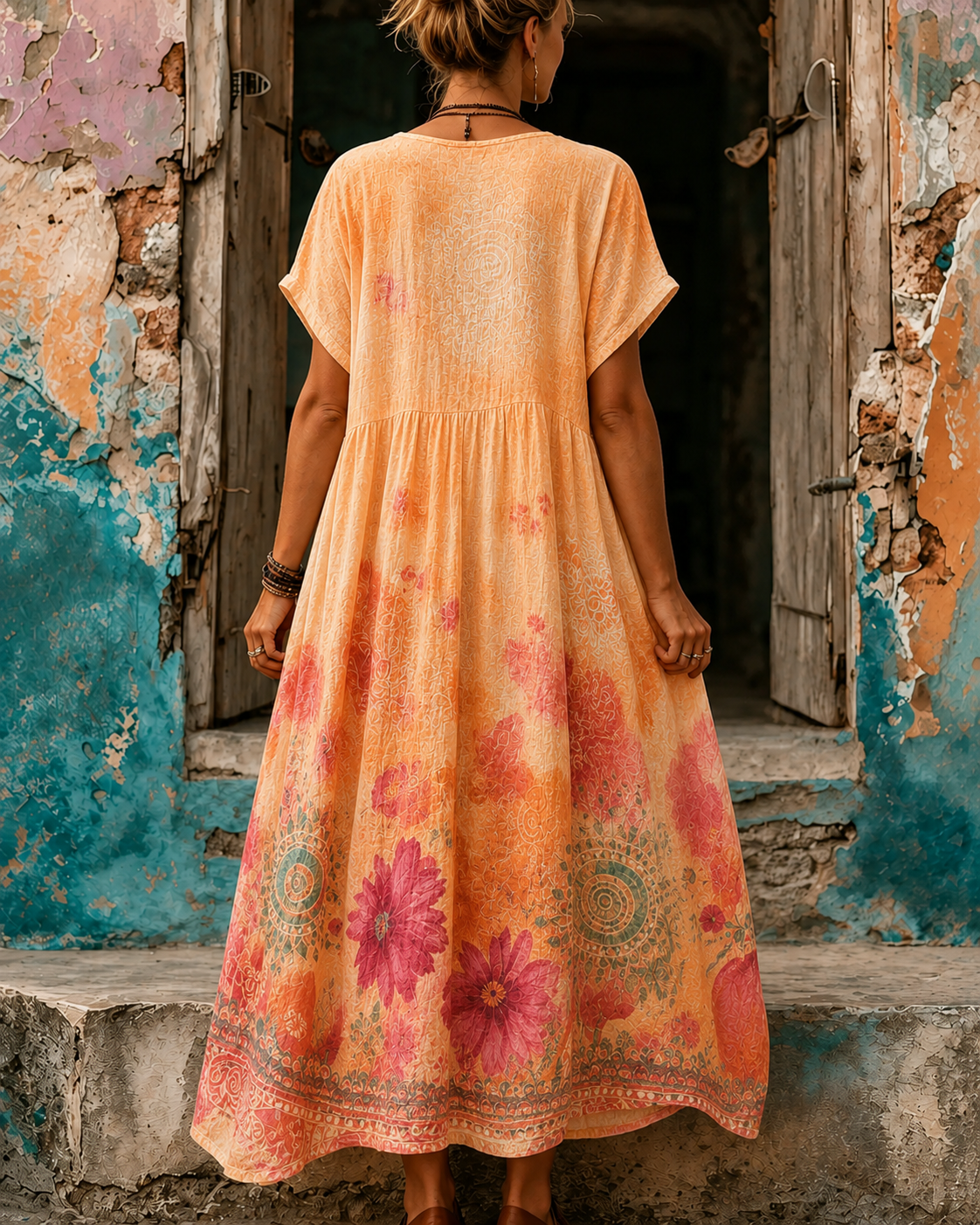 Women's Vacation Linen Floral Print V-Neck Short Sleeve Maxi Dress