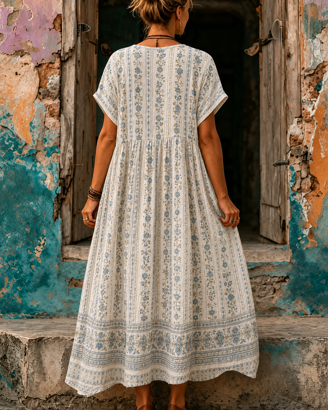 Women's Vacation Linen Retro Boho Floral Print V-Neck Short Sleeve Maxi Dress