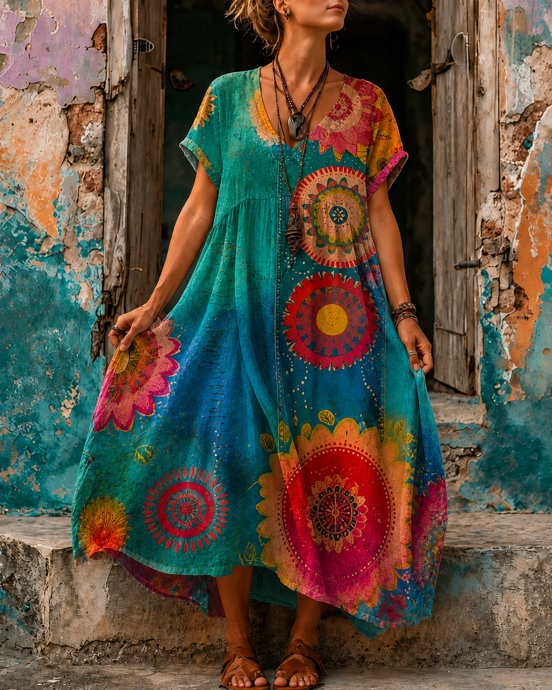 Women's Vacation Linen Boho Floral Print V-Neck Short Sleeve Maxi Dress