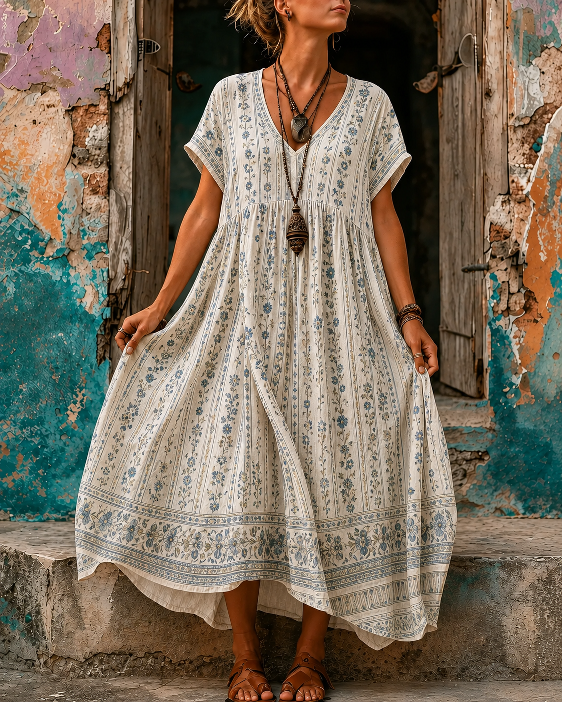 Women's Vacation Linen Retro Boho Floral Print V-Neck Short Sleeve Maxi Dress