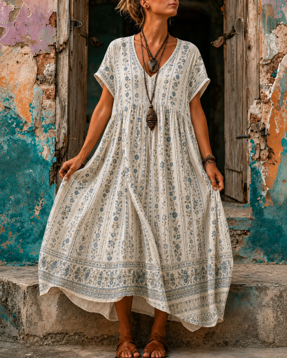 Women's Vacation Linen Retro Boho Floral Print V-Neck Short Sleeve Maxi Dress