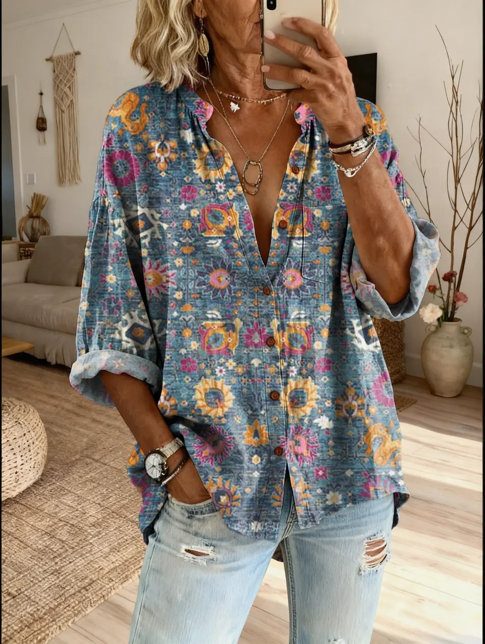Women's Floral Art Print Casual Cotton-linen Blend Shirt