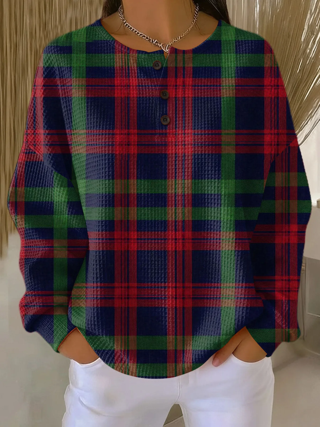 Women's Christmas Plaid Casual Waffle Henley Neck Sweatshirt