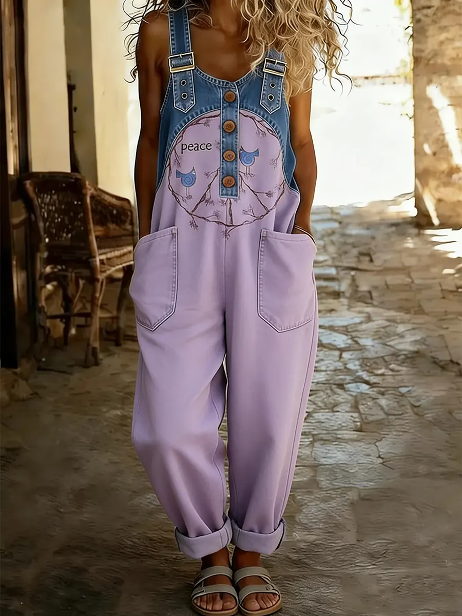 Women's Hippie Peace Bird Art Print Patchwork Denim Overalls
