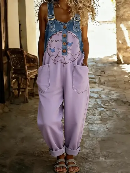 Women's Hippie Peace Bird Art Print Patchwork Denim Overalls