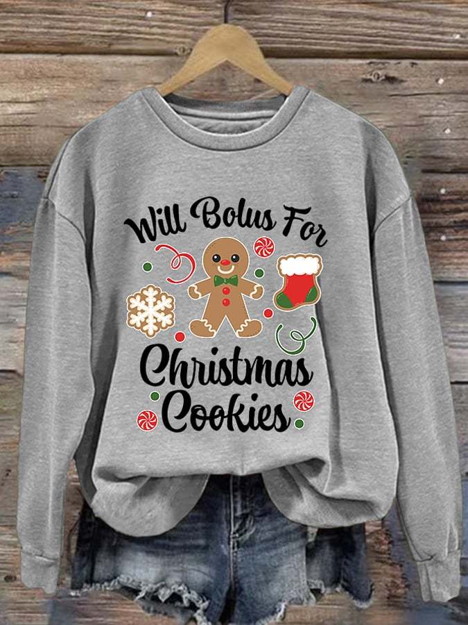 Women's Type 1 Diabetes Will Bolus For Christmas Cookies Gingerbread Man Print Long Sleeve Sweatshirt