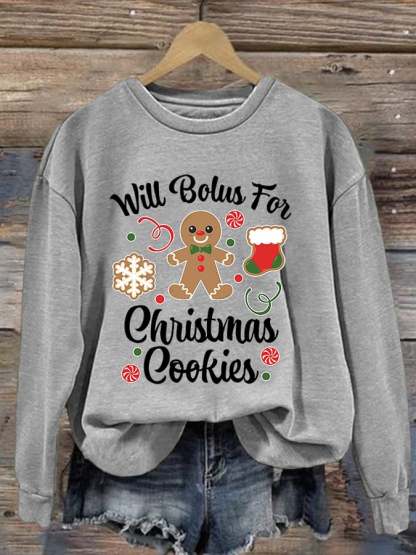 Women's Type 1 Diabetes Will Bolus For Christmas Cookies Gingerbread Man Print Long Sleeve Sweatshirt