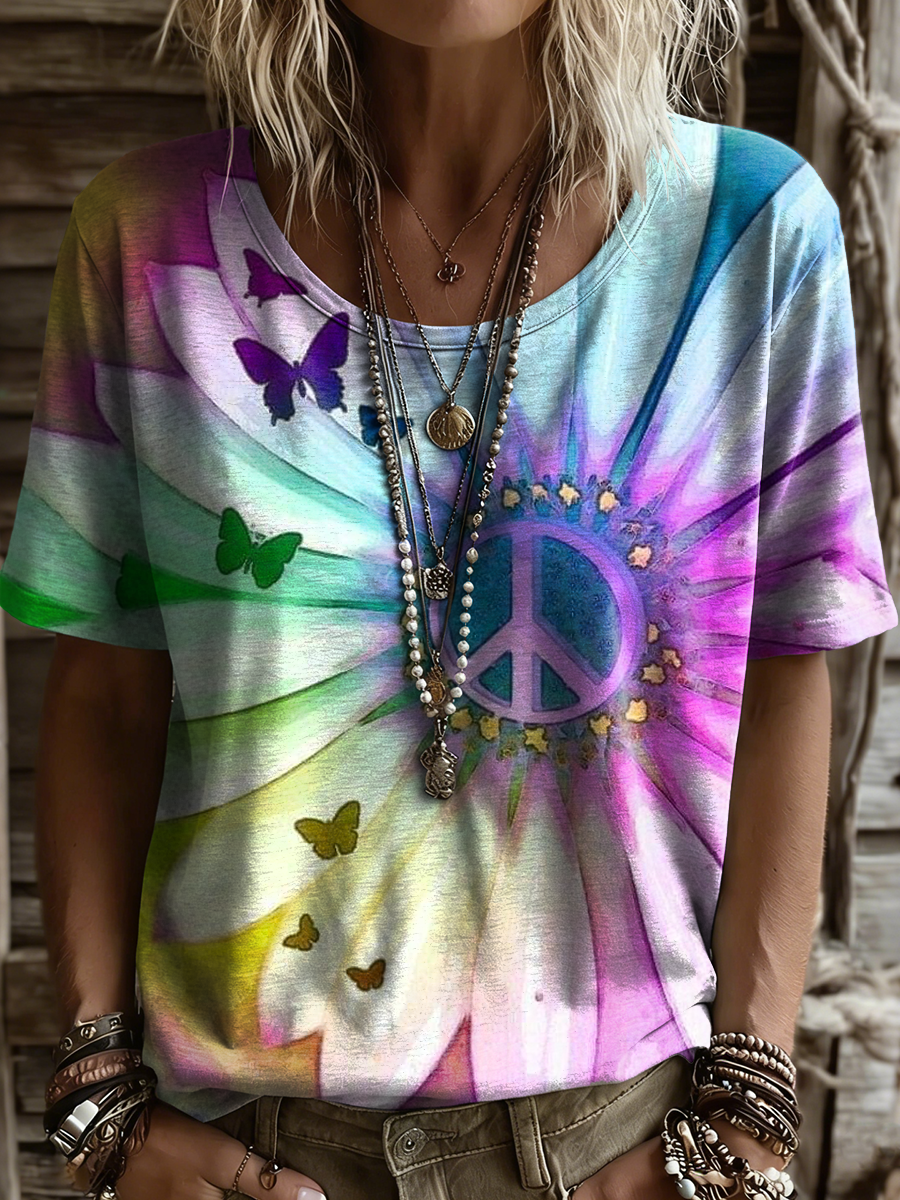 Women's Retro Colorful Peace Art Print Casual Short Sleeve Crew Neck Cotton T-shirt