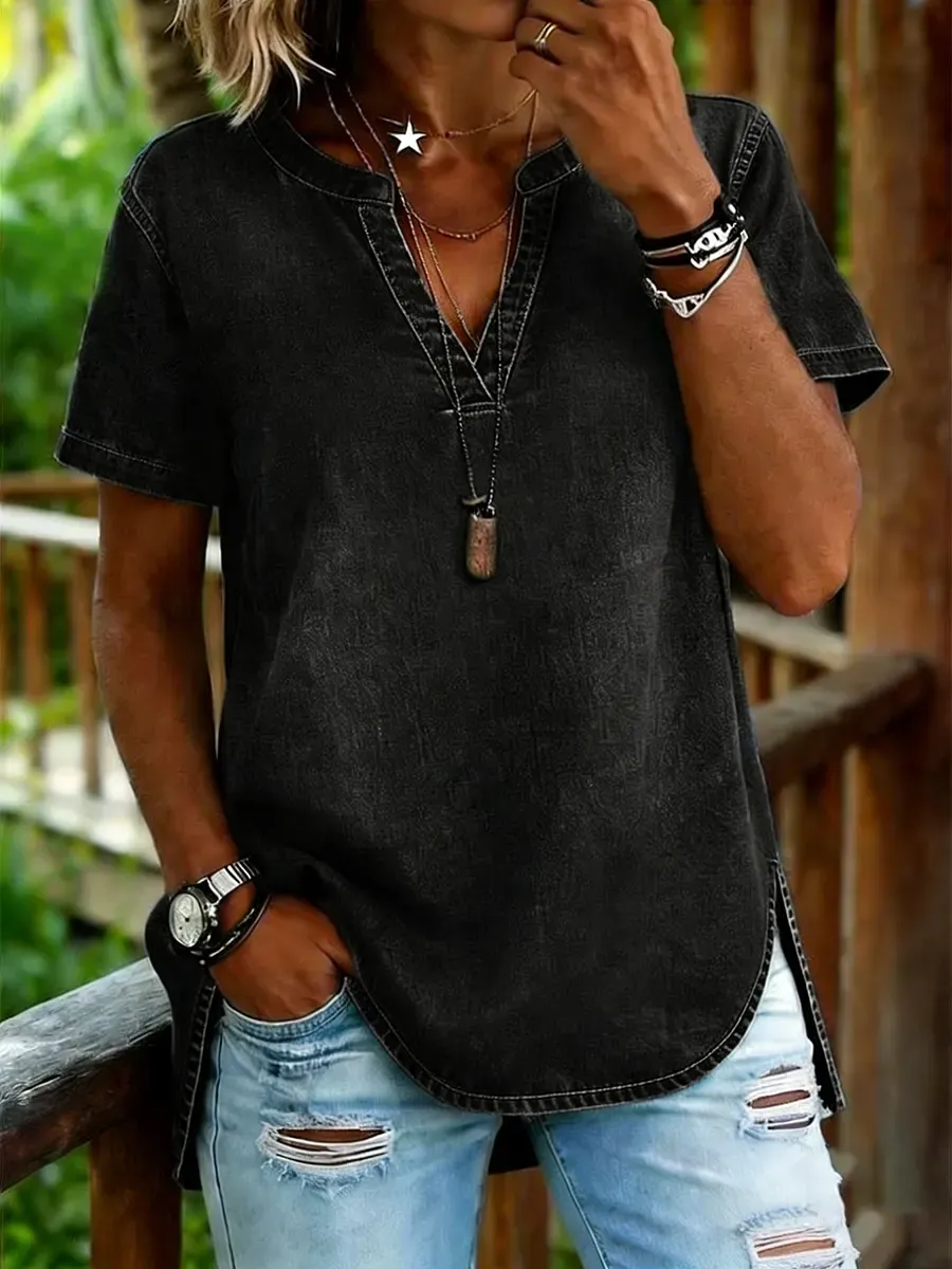 Women's Art Print Casual V-neck Short-sleeved Washed Cotton Denim Top