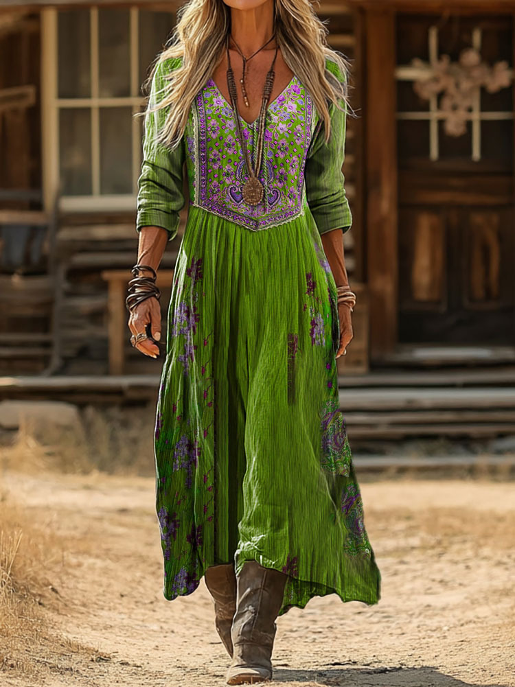 Women's Vintage Ethnic Floral Print Artistic Pocket Cotton Dress