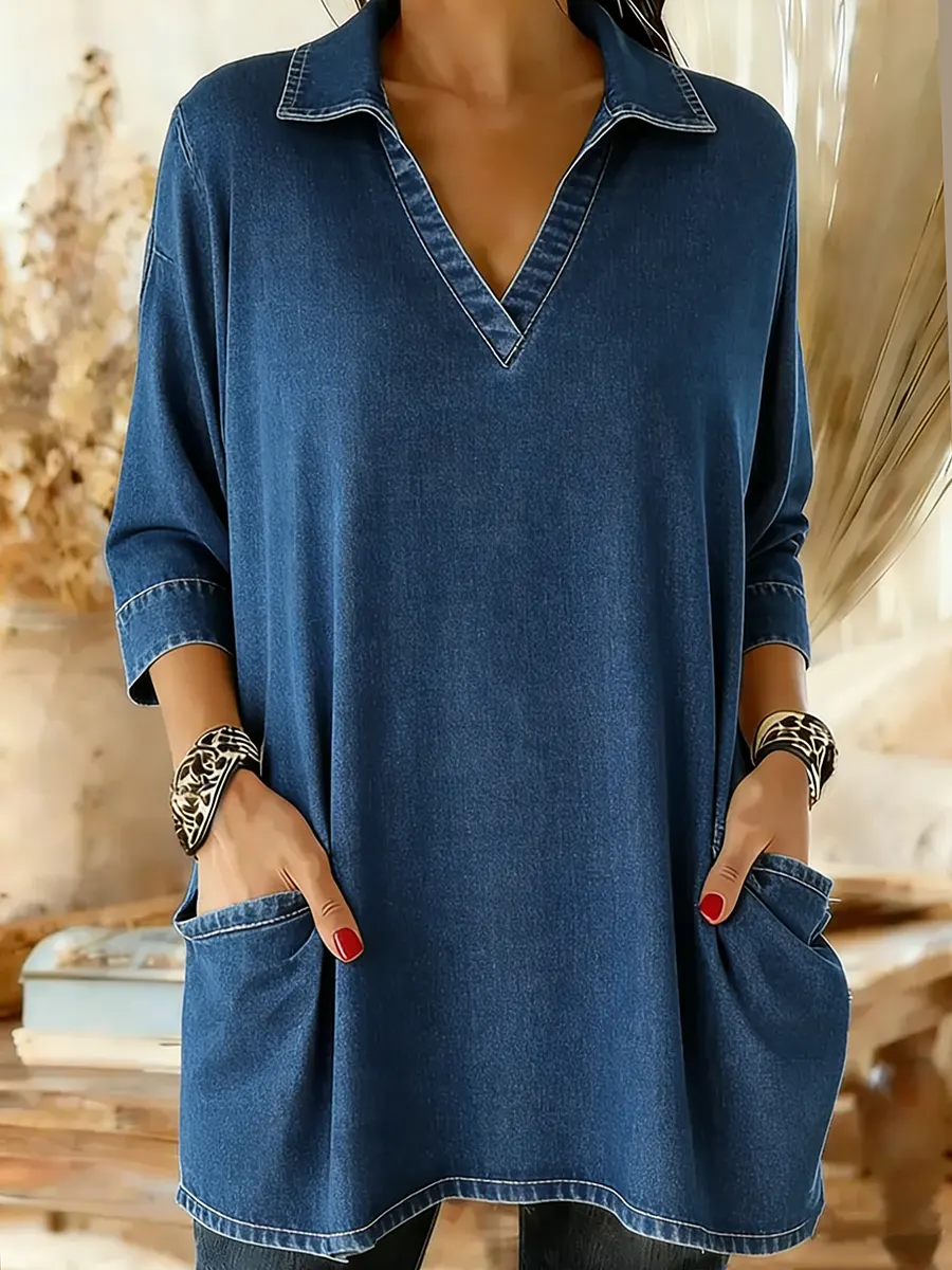 Women's V-Neck Denim Cotton Pocket Shirt