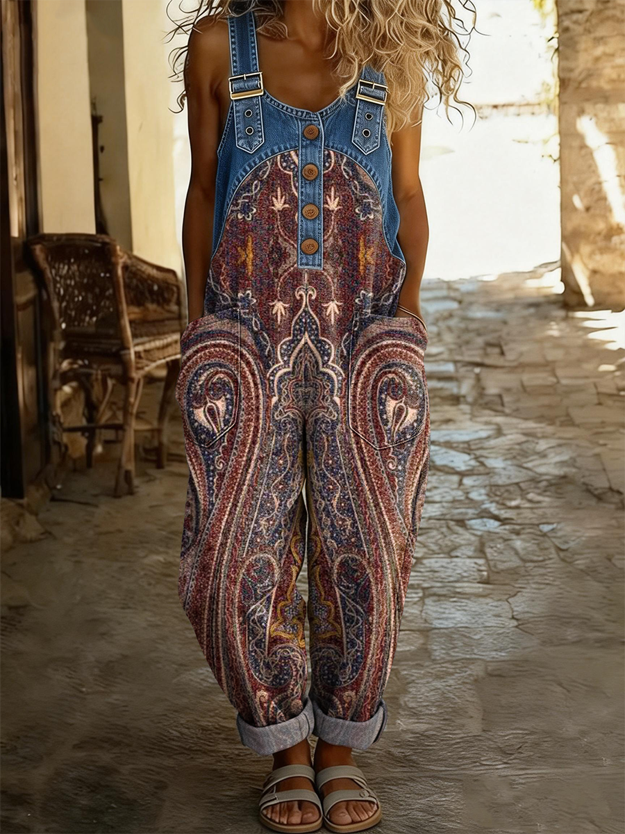 Women's Retro Pattern Art Print Casual Denim Patchwork Jumpsuit