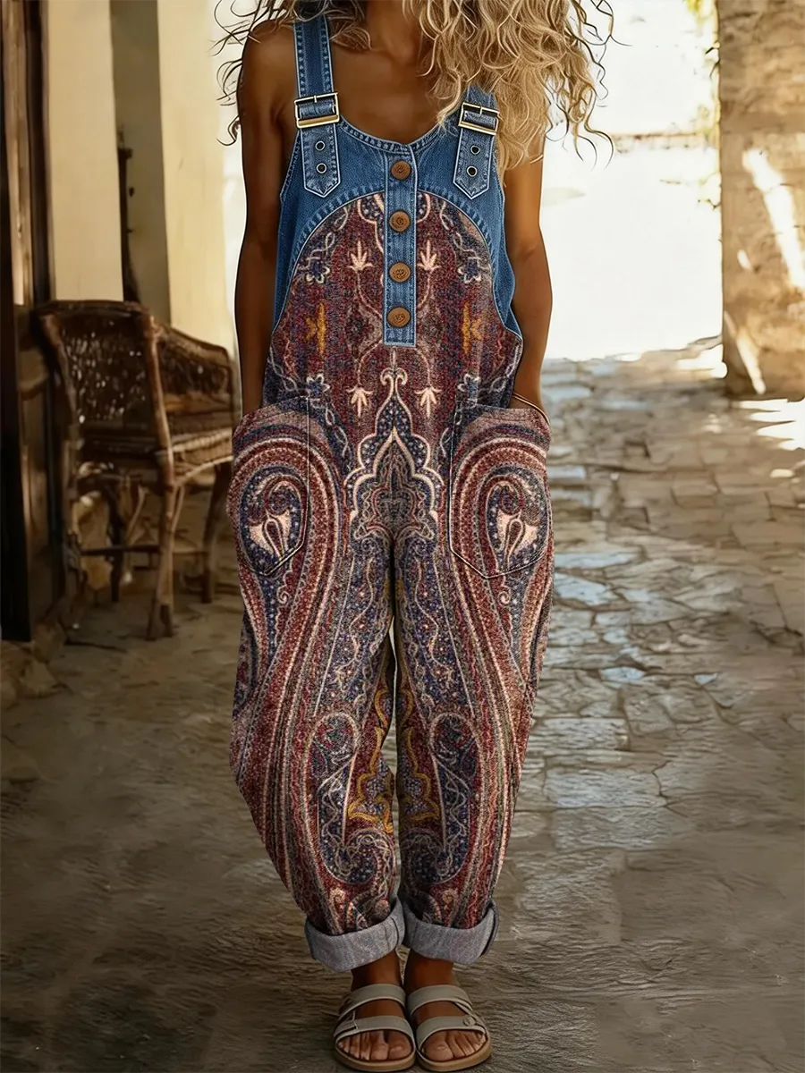 Women's Retro Pattern Art Print Casual Denim Patchwork Jumpsuit