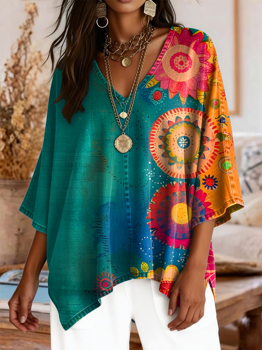 Women's Retro Ethnic Floral Art Print Casual V-neck Top