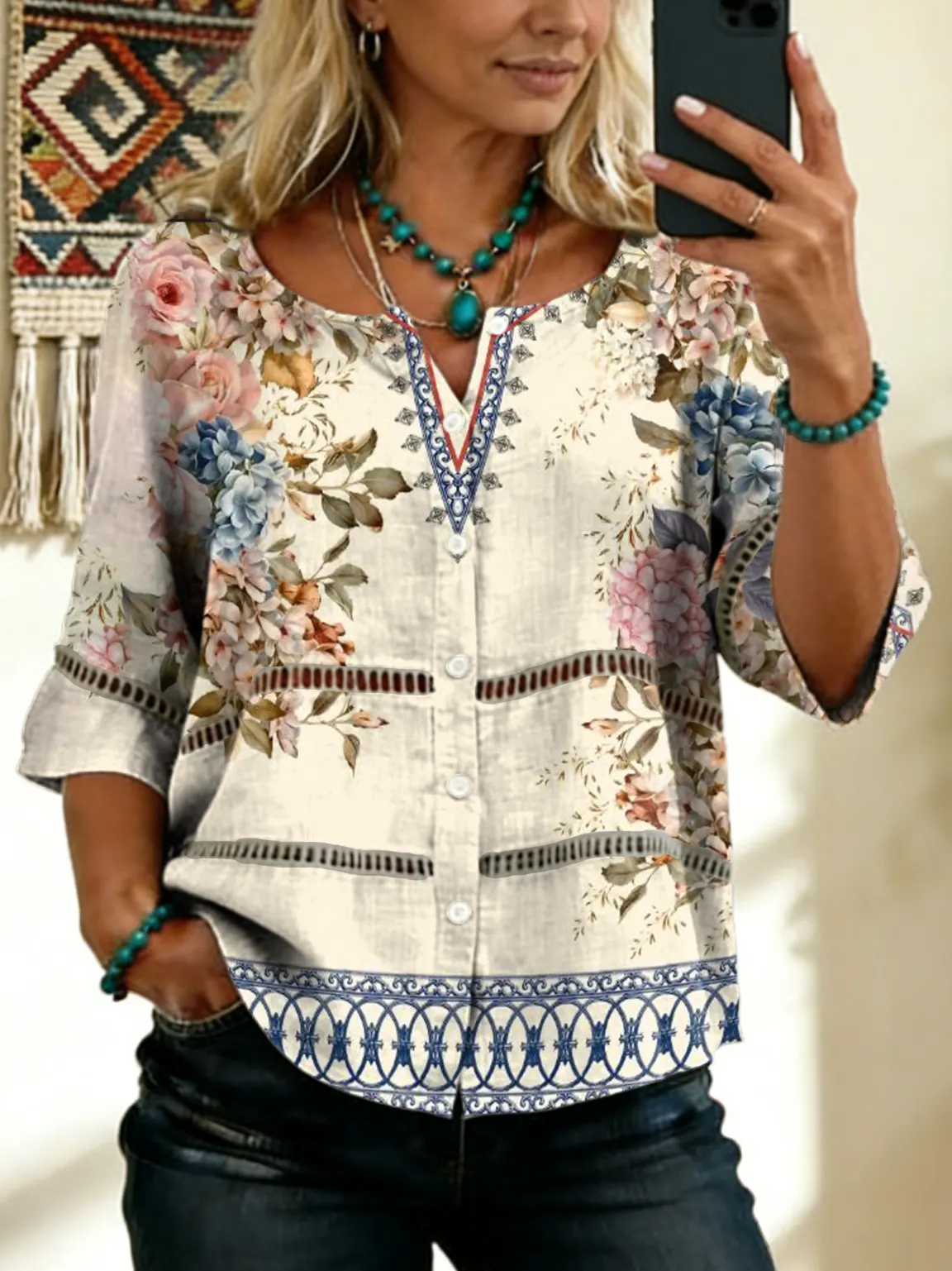 Women's Vintage Floral Art Print Tie-front Button-up Cotton-linen Blend Short-sleeve Shirt