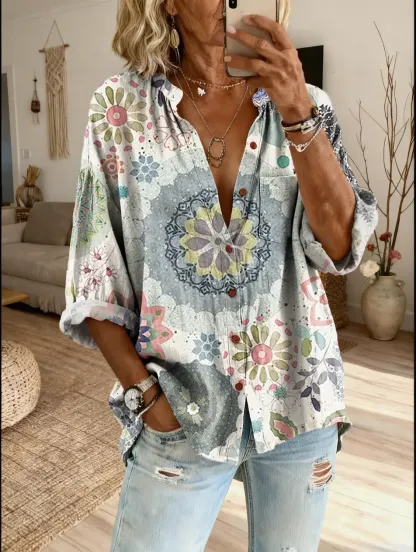 Ethnicity Geometry Totem Women's Vintage Art Print Casual Cotton And Linen Shirt