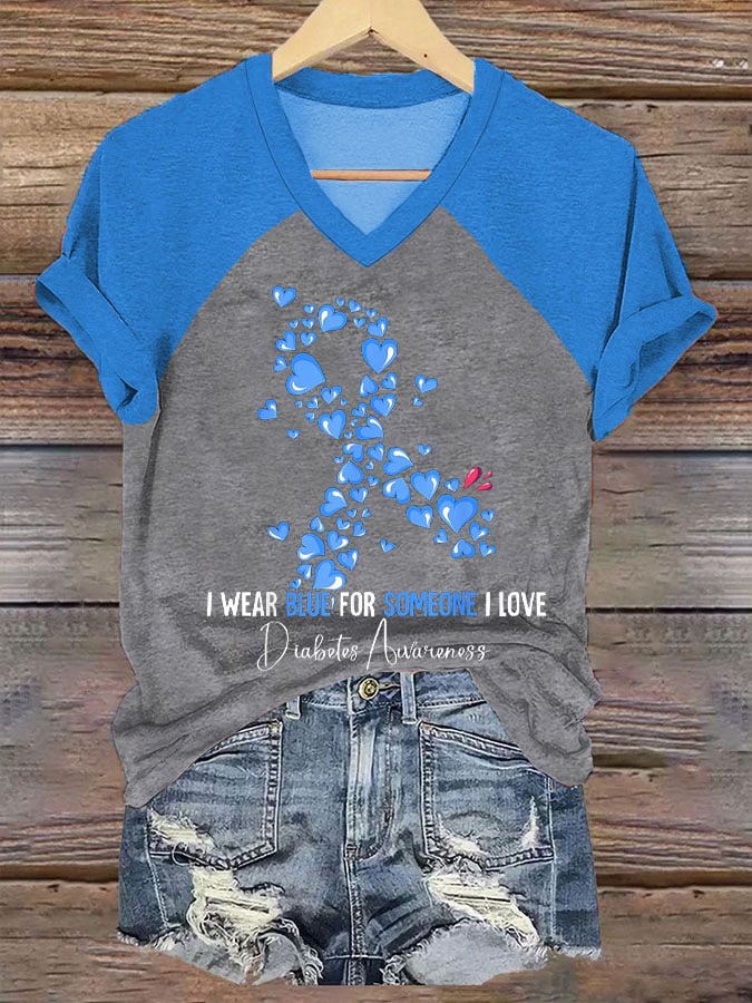 Women's I Wear Blue For Someone I Love Diabetes Awareness Print V-Neck T-Shirt