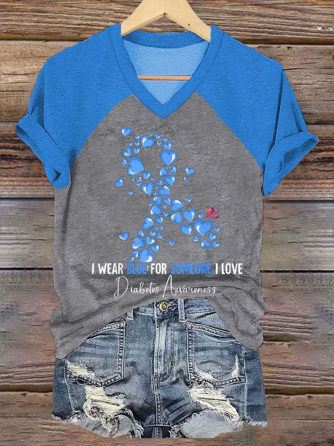 Women's I Wear Blue For Someone I Love Diabetes Awareness Print V-Neck T-Shirt