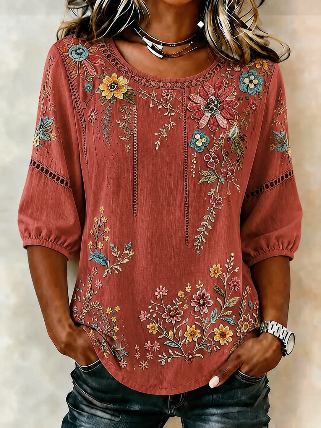 Women's Retro Floral Print Blouse