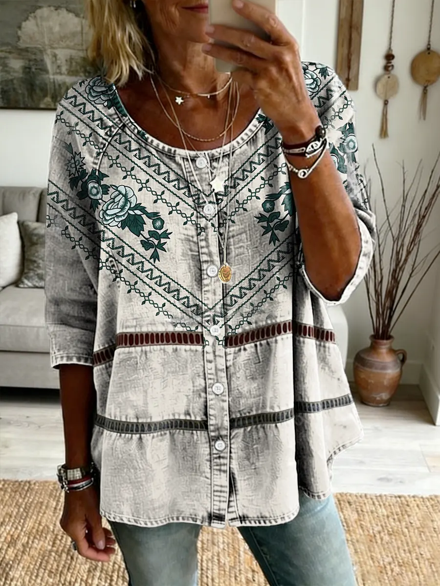 Ethnicity Geometry Flowers Women's Art Print Casual Long-sleeve V-neck Washed Cotton Denim Top