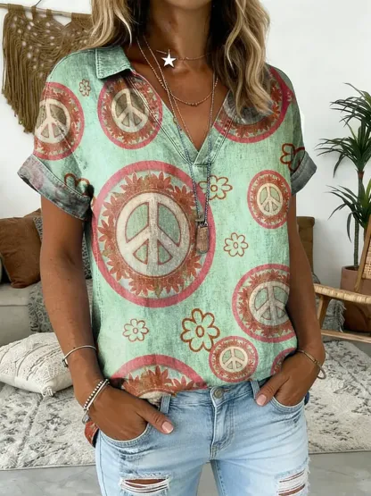 Women's Hippie Flower Print V-Neck Short-Sleeve Denim Shirt