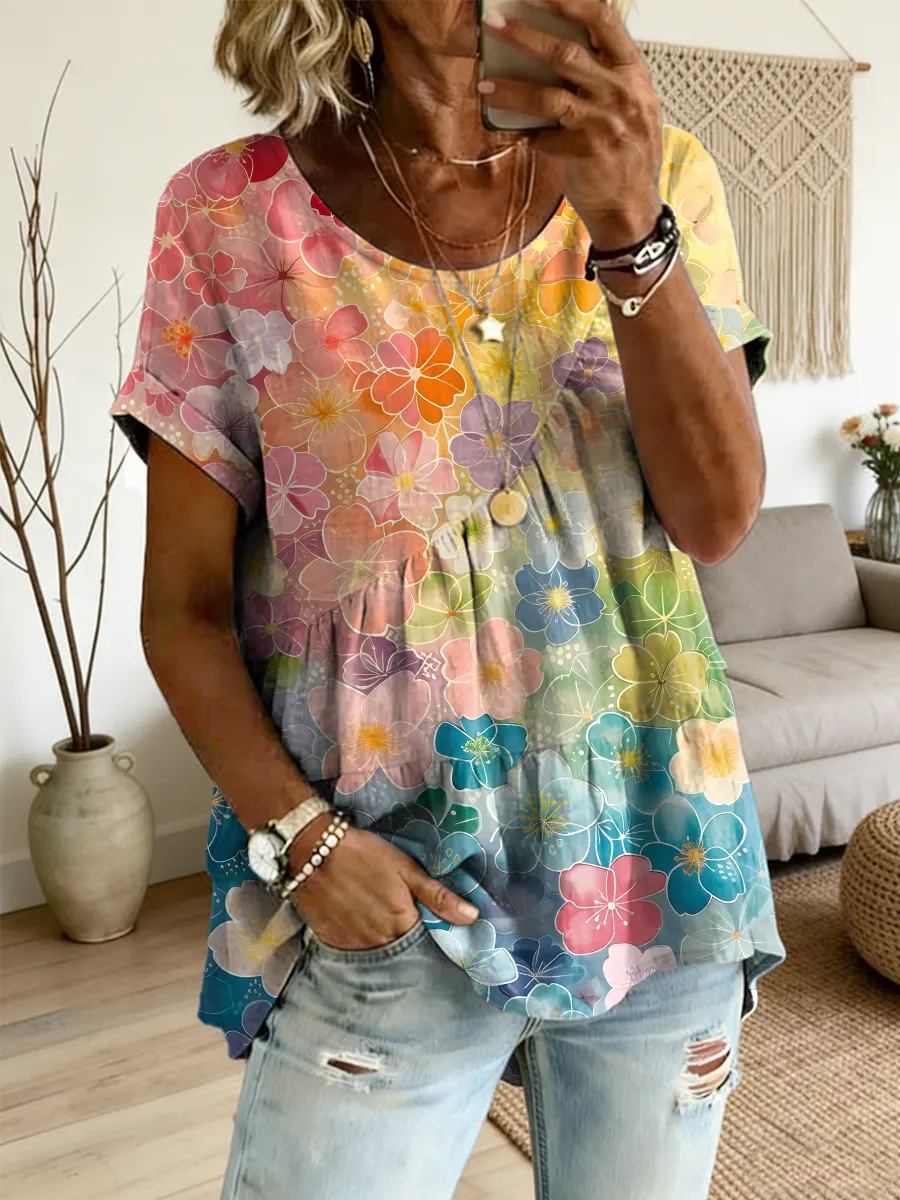 Ethnicity Colorful Flowers Women's Art Print Round Neck 100% Cotton Loose Short-sleeved Shirt – Side Tether