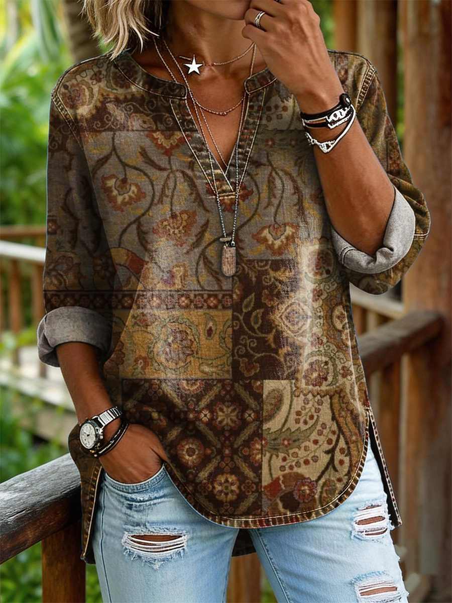 Women's Retro Ethnic Floral Art Print Casual Long-sleeve V-neck Shirt