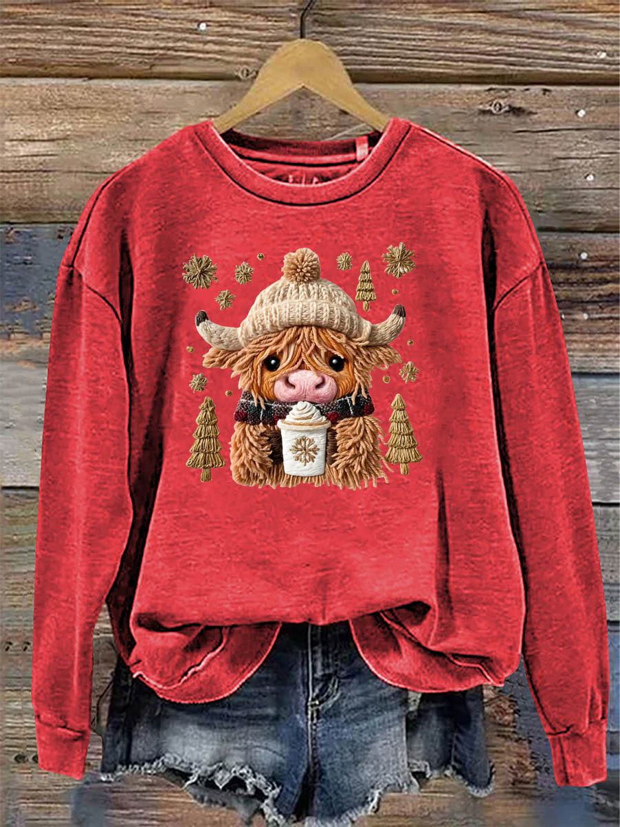 Women's Christmas Cow Knitting Crochet Pattern Neck Sweatshirt