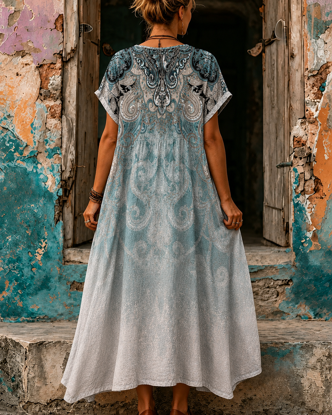 Women's Vacation Linen Boho Floral Print V-Neck Short Sleeve Maxi Dress
