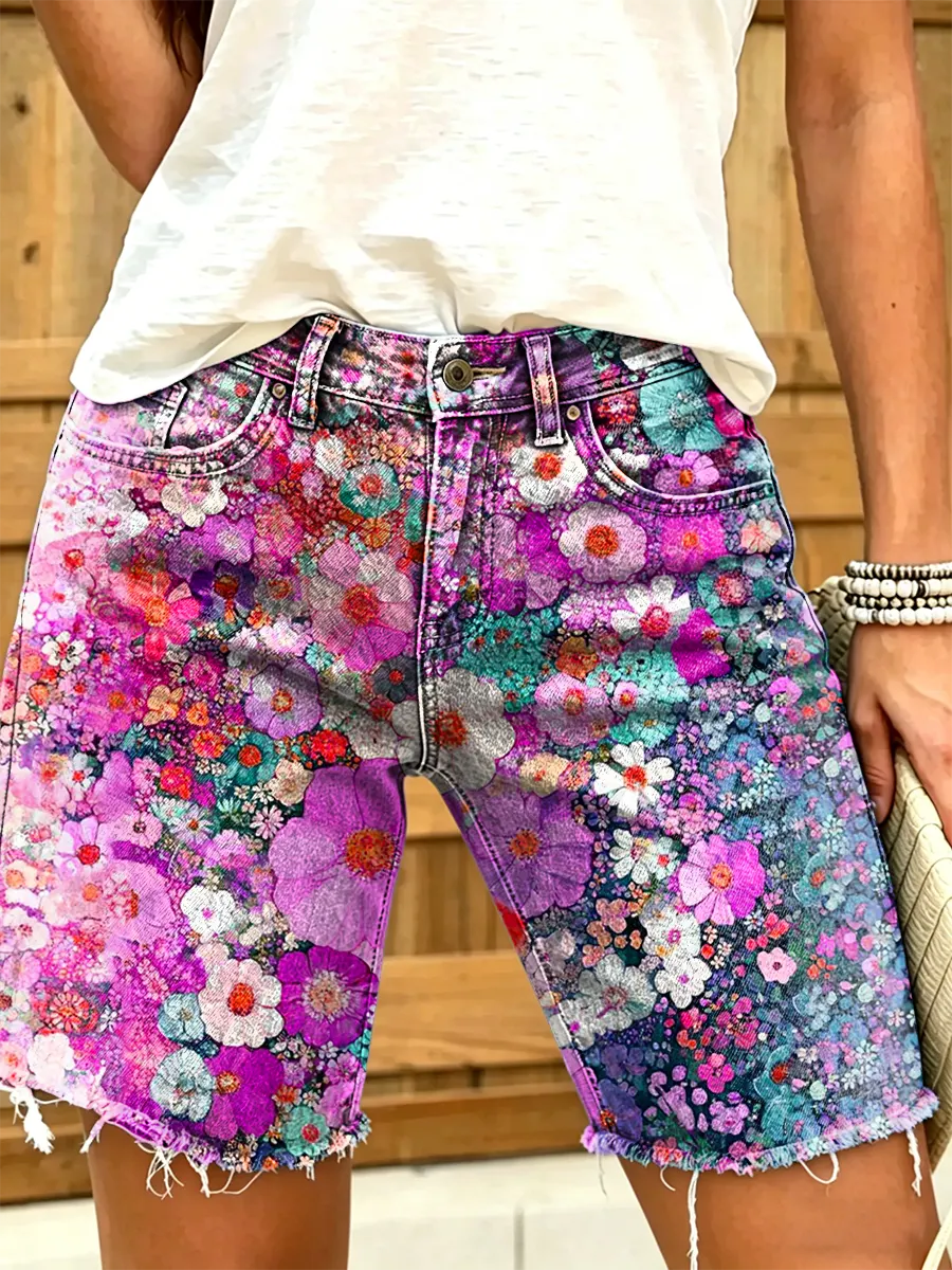 Women's All-Over Watercolor Floral Print Frayed Denim Bermuda Shorts