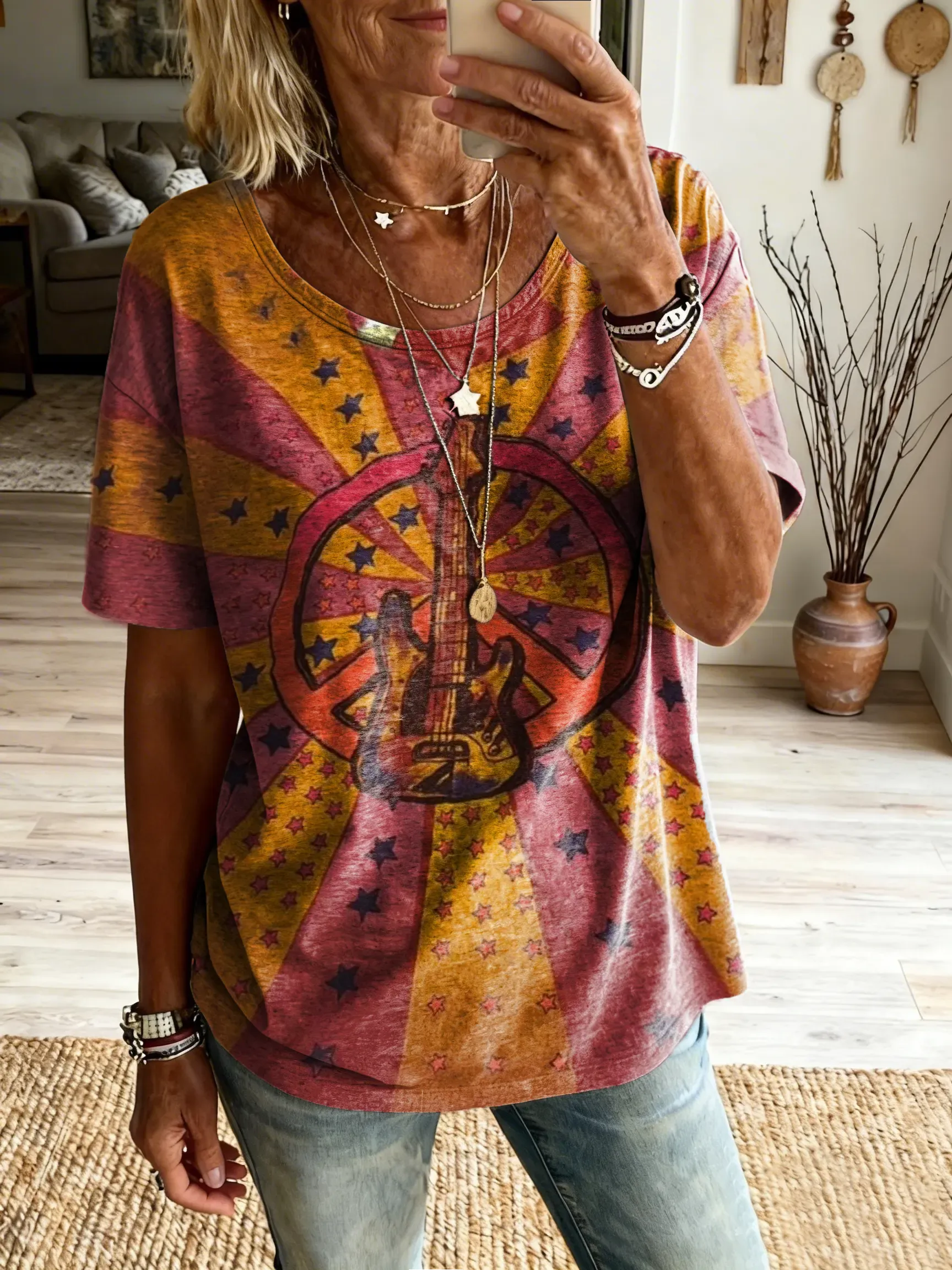 Women's Hippie Music Art Print Pure Cotton Crew Neck Short-Sleeve Casual T-Shirt