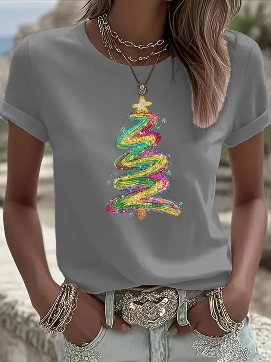 Christmas Tree Pattern  Round-Neck 100% Cotton 180g T-Shirt