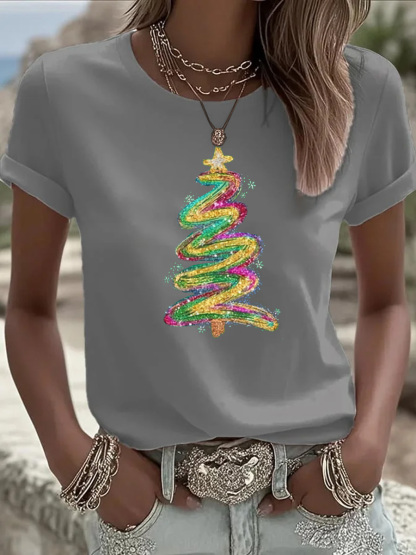 Christmas Tree Pattern  Round-Neck 100% Cotton 180g T-Shirt