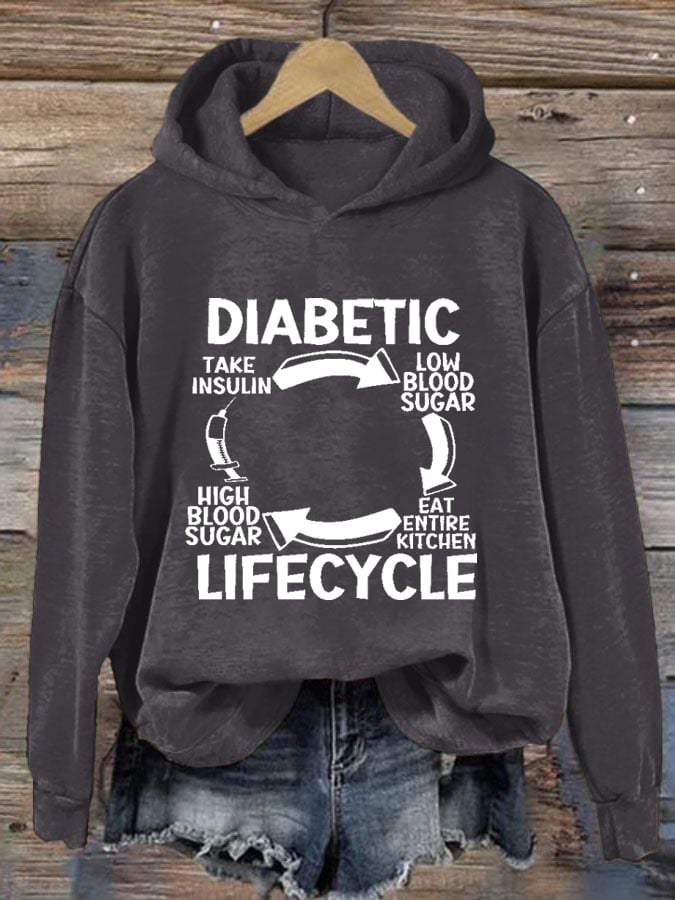 Women's Diabetic Life Cycle Diabetes Support Awareness Print Hoodie Long Sleeve Sweatshirt