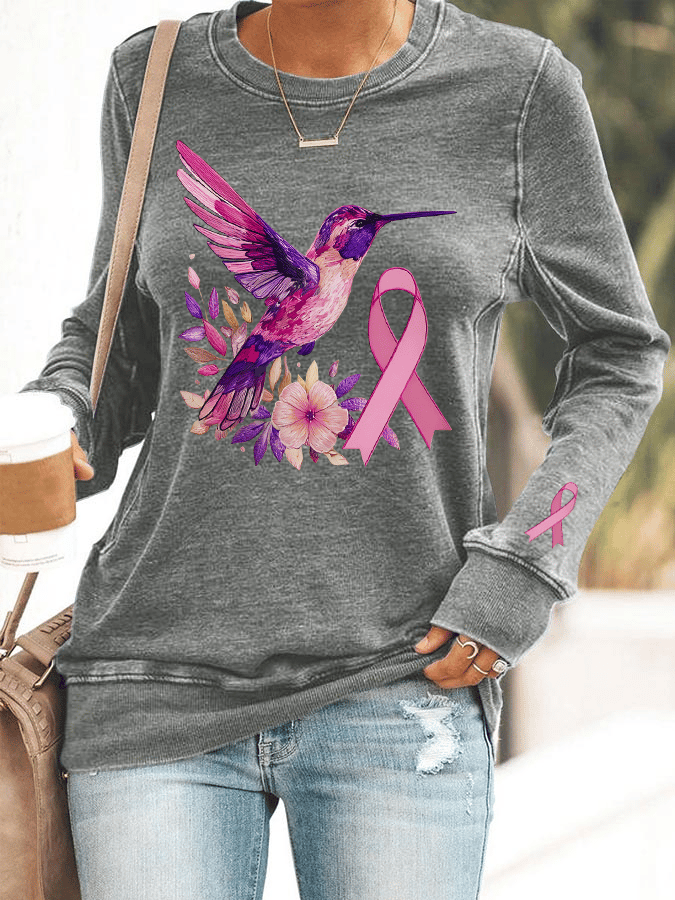 Women's Breast Cancer Awareness Hummingbird Print Crew Neck Sweatshirt