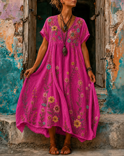 Women's Vacation Linen Boho Floral Embroidery V-Neck Short Sleeve Maxi Dress