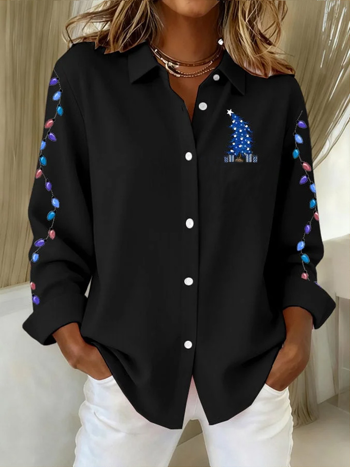 Women's Casual Christmas Print Lapel Long Sleeve Shirt
