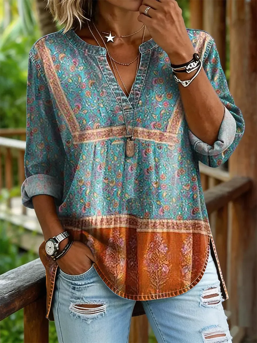 Women's Vintage Floral Print Casual V-neck Washed Cotton Denim Shirt