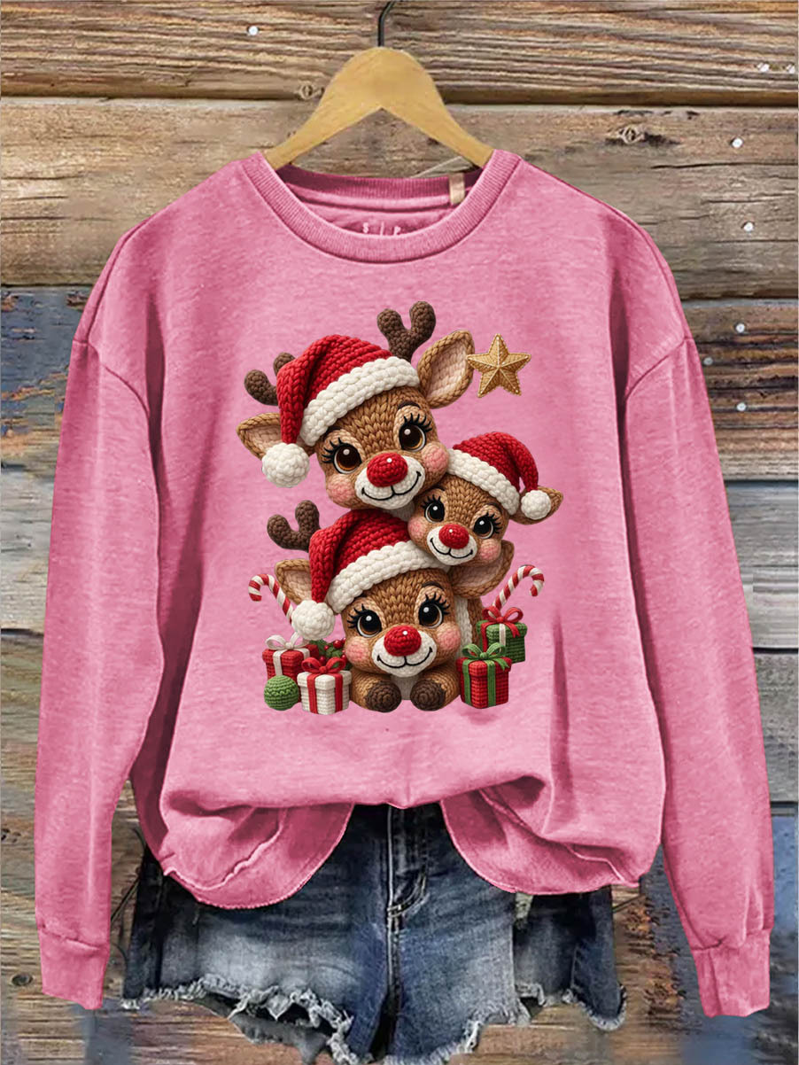 Women's Christmas Elks 3D Knitting Crochet Pattern Neck Sweatshirt